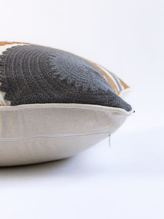 Suzani Style Crewel Embroidered Brown and Grey Tashkent Cushion Cover