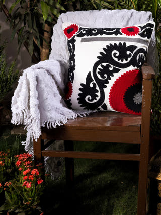 Suzani Style Crewel Embroidered Black and Red Tashkent Cushion Cover
