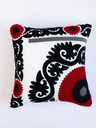 Suzani Style Crewel Embroidered Black and Red Tashkent Cushion Cover