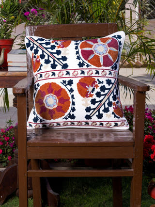 Suzani Style Crewel Embroidered Sun & Moon Cushion Cover