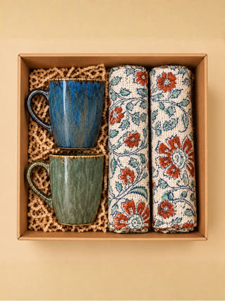 Cozy Home Gift Box | Ceramic Mugs & Block Print Cushion Covers