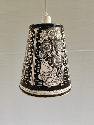 Handcrafted Tholu Bommalata Black & White Floral Hanging Lamp
