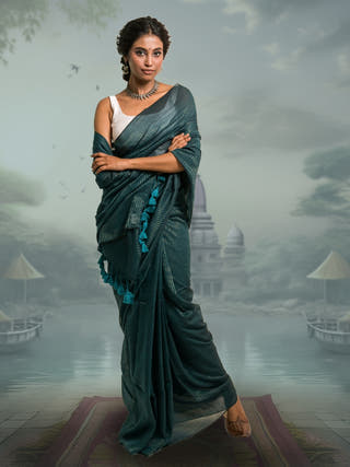 Harit Shringaar Viridian Green Handloom Mul Cotton Saree