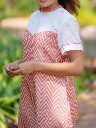 Peach Zig-zag Handwoven Ikat Dress Krushnachuda