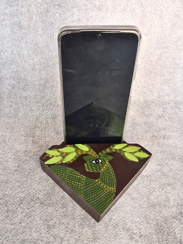 Hand Painted Gond Art Green Reindeer Mobile holder cum pen stand