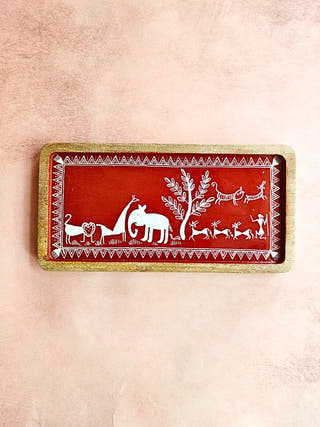 Warli Tray Red Animals Motif