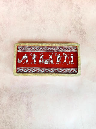 Warli Tray Red Dance Motif