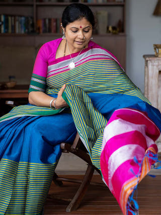 Blue & Green Viscous Cotton Saree