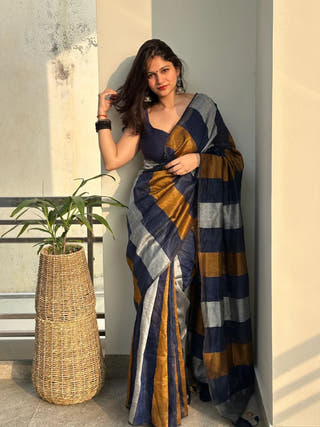 Ragini Blue Gold Stripe Linen Saree