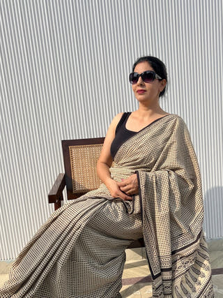 Chhaya Heritage Bagru Hand Block Printed Pure Cotton Checks Saree