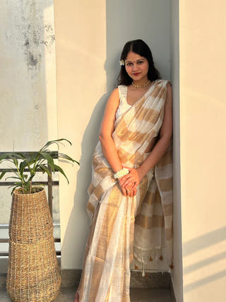 Swarnika Ivory Gold Stripe Linen Saree
