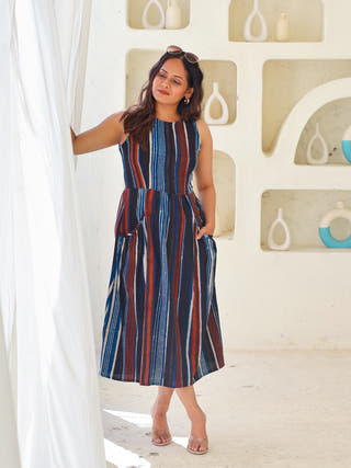Megan Striped Jahota HandBlock Print Cotton Midi Dress