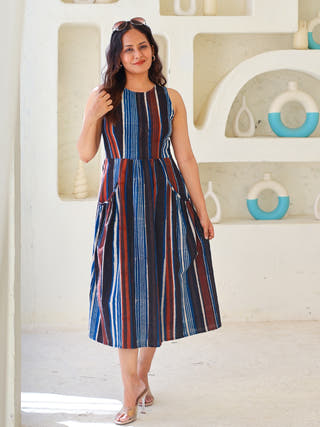 Megan Striped Jahota HandBlock Print Cotton Midi Dress