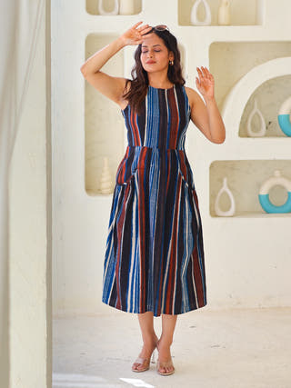 Megan Striped Jahota HandBlock Print Cotton Midi Dress