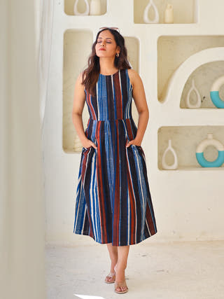 Megan Striped Jahota HandBlock Print Cotton Midi Dress