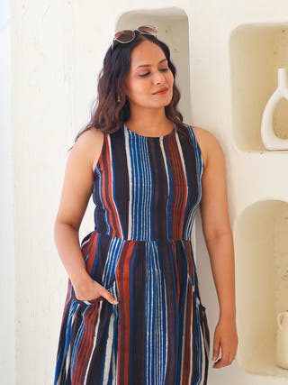 Megan Striped Jahota HandBlock Print Cotton Midi Dress