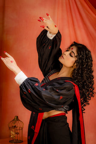 Jamdani Bishop sleeves Blouse Black Prathaa