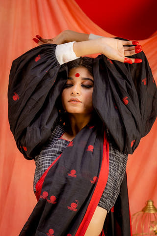 Jamdani Bishop sleeves Blouse Black Prathaa