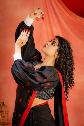 Jamdani Bishop sleeves Blouse Black Prathaa