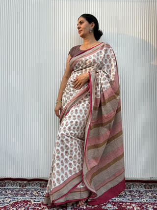 Saanjh Heritage Sanganeri Hand Block Printed Pure Cotton Saree