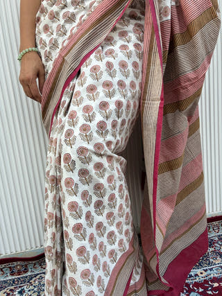 Saanjh Heritage Sanganeri Hand Block Printed Pure Cotton Saree