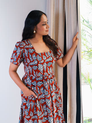 Shell Fit-and-Flare HandBlock Print Cotton Midi Dress