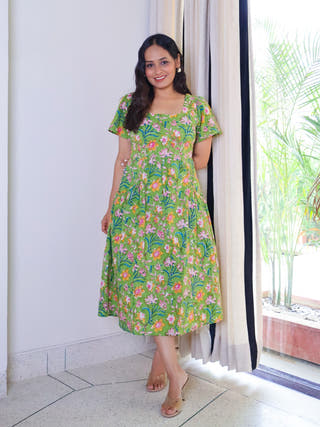 Emily Floral HandBlock Print Cotton Midi Dress