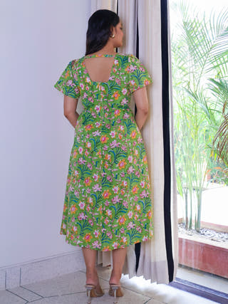 Emily Floral HandBlock Print Cotton Midi Dress