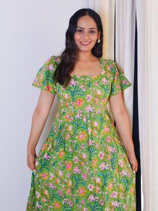 Emily Floral HandBlock Print Cotton Midi Dress