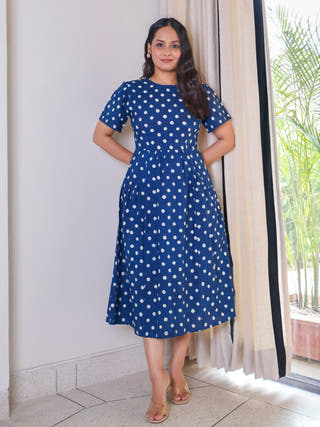 Stella Indigo Handblock Print Cotton Midi Dress