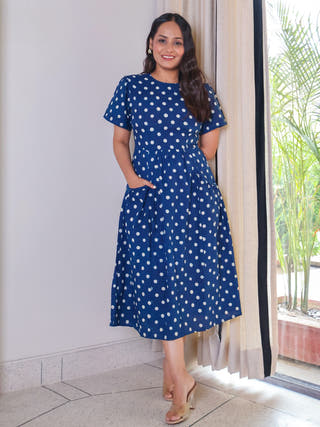 Stella Indigo Handblock Print Cotton Midi Dress