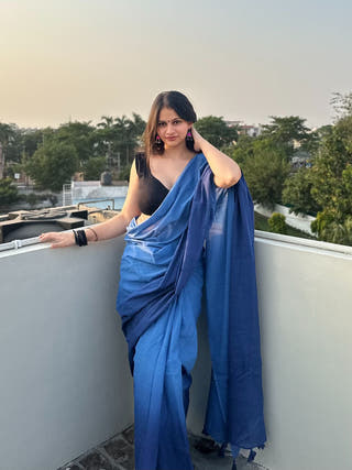 Siyahi Blue Ombre Mul Cotton Saree