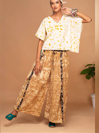 Ecoprinted Handwoven Kimono Crop Top White & Yellow - Organic Cotton Jumpsuit for women in White color