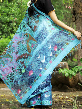 Madhubani Shibori Sky Blue Hand Painted Linen Saree