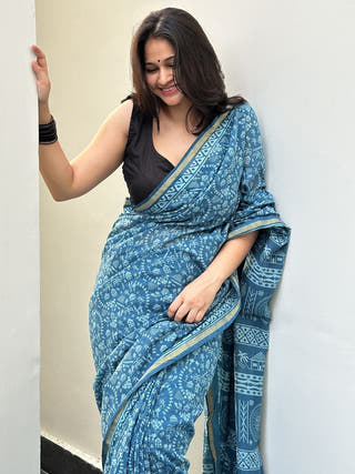 Warli Waves Blue Chanderi Cotton Saree