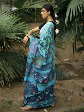 Madhubani Shibori Sky Blue Hand Painted Linen Saree