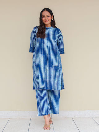 June Indigo Dabu HandBlock Stripes Print Cotton Kurta Set