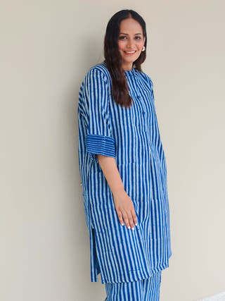 June Indigo Dabu HandBlock Stripes Print Cotton Kurta Set