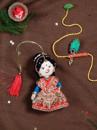 Radha Bansuri Rakhi Lumba Set | Set Of 2 | Red Shimmer & Orange