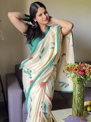 Phool Bahar Cream Mul Cotton Saree