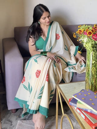 Phool Bahar Cream Mul Cotton Saree