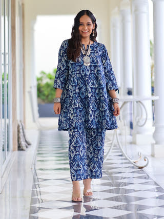 Kavya Blue Ikat Print Short Cotton Kurta Set