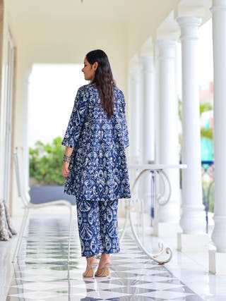 Kavya Blue Ikat Print Short Cotton Kurta Set
