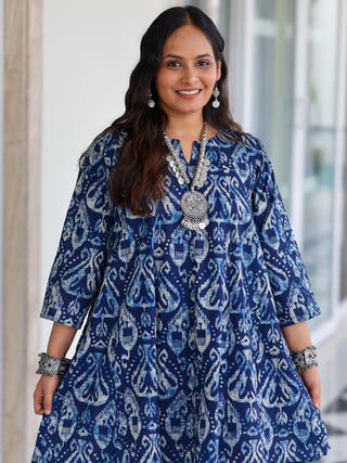 Kavya Blue Ikat Print Short Cotton Kurta Set