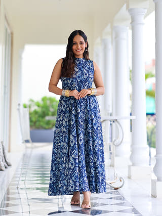 Kavya Blue Ikat Print Cotton Maxi Dress