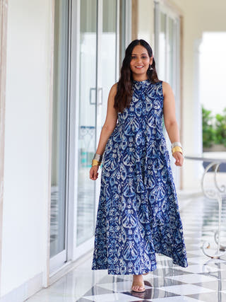 Kavya Blue Ikat Print Cotton Maxi Dress