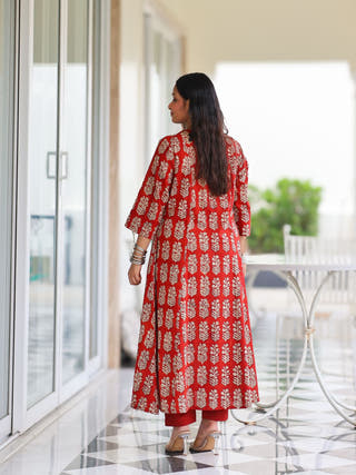 Durga Red HandBlock Print Cotton Kurta Set