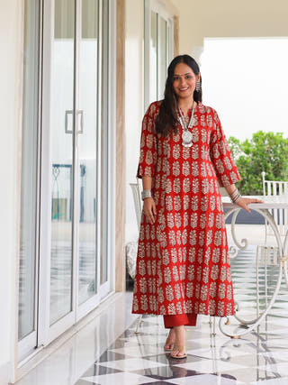 Durga Red HandBlock Print Cotton Kurta Set