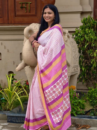 Pakhi Heritage Sanganeri Hand Block Printed Pure Cotton Saree