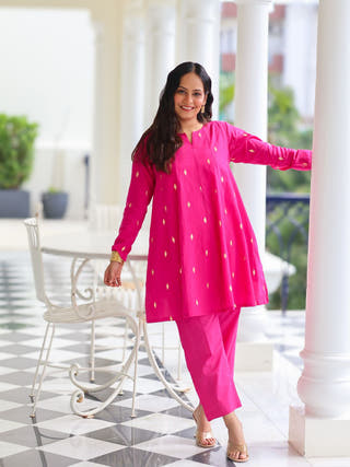 Rani Pink Cotton Lurex Short Kurta Set